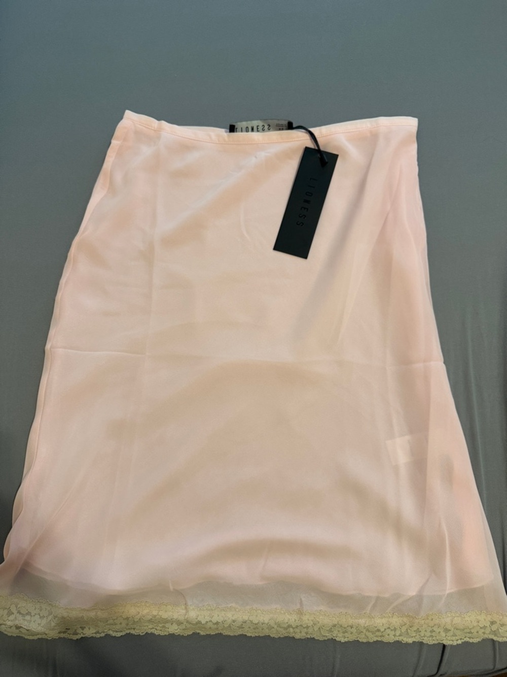 Lioness Pale Pink Midi Skirt with Lace Trim